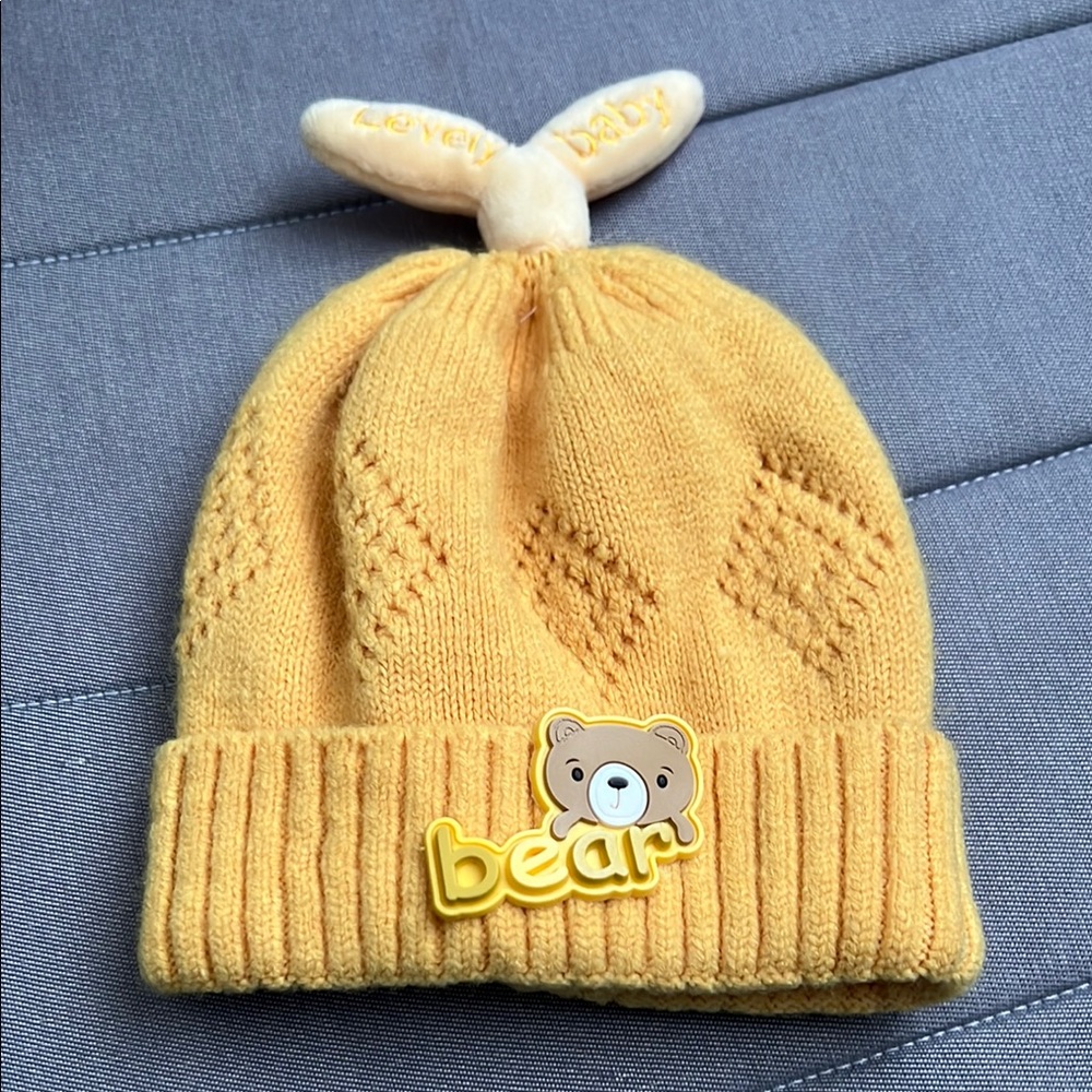 Yellow Knit Beanie with Bear Patch